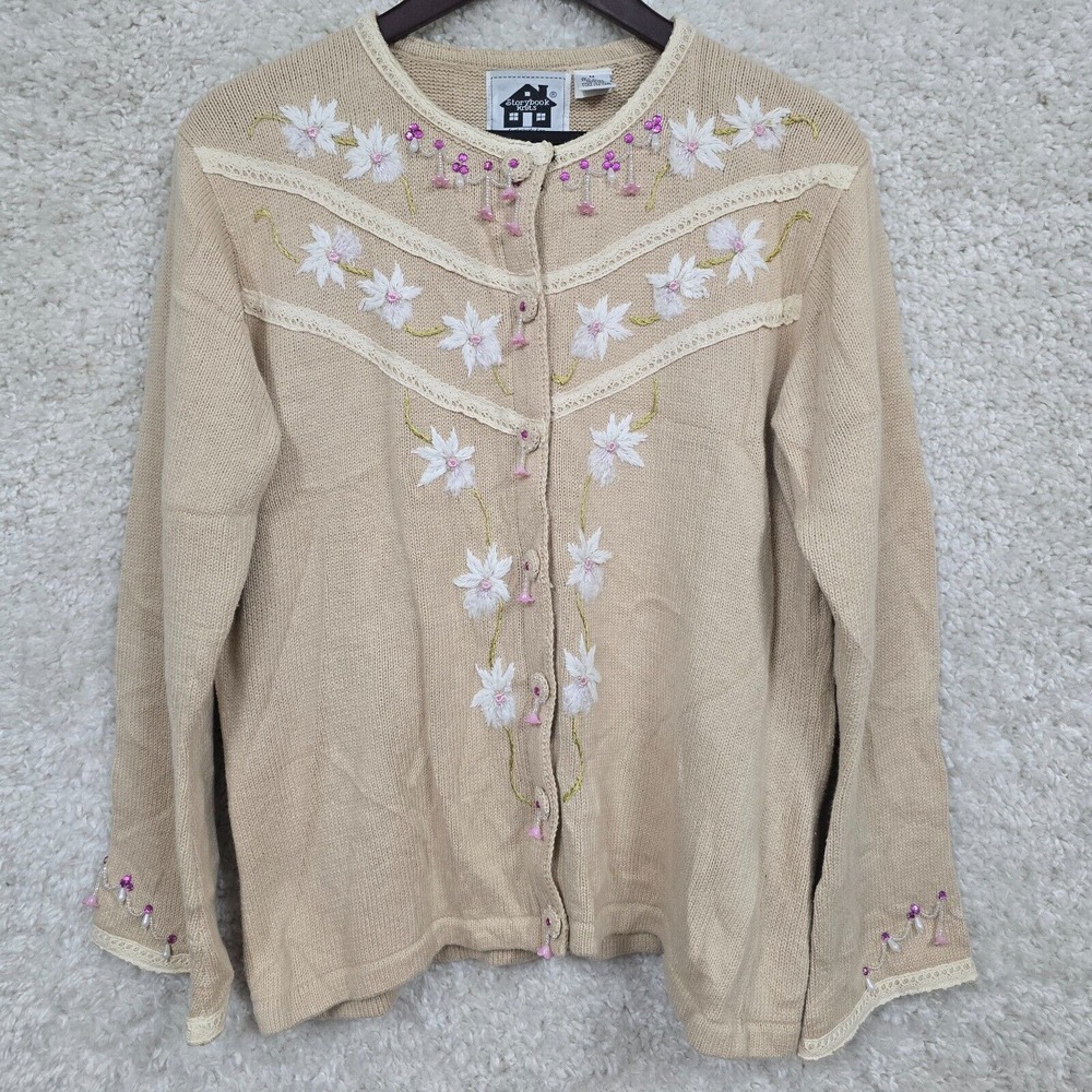 Storybook Knits Floral Cardigan‎ Womens M Beige Embroidered Cottagecore Y2K